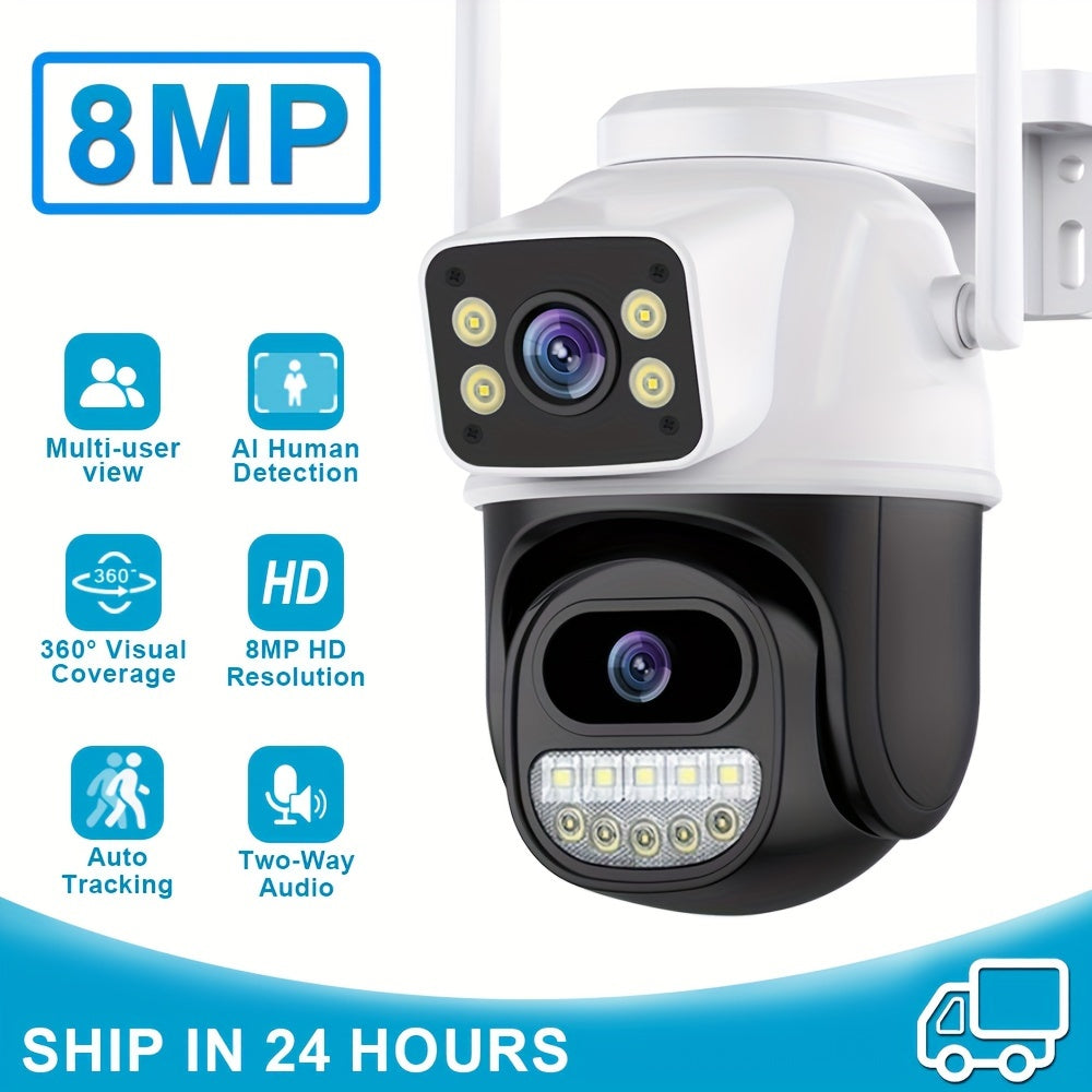 Outdoor 4K 8MP Security Camera with 3 Lenses Dual Screens Human Detection Auto Tracking WiFi Night Vision