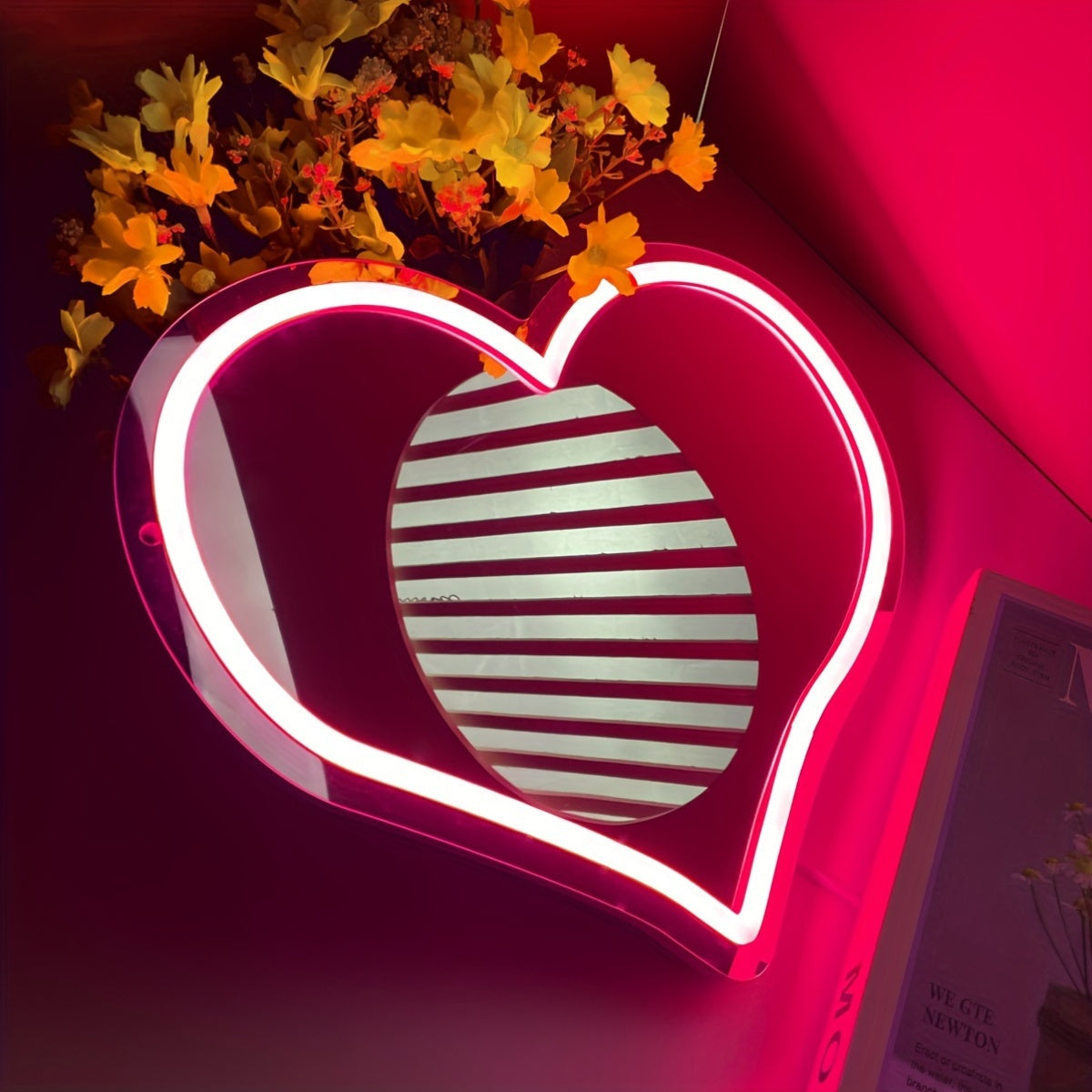 Pink Heart Neon Wall Decor USB-Powered Mirror with Switch Control