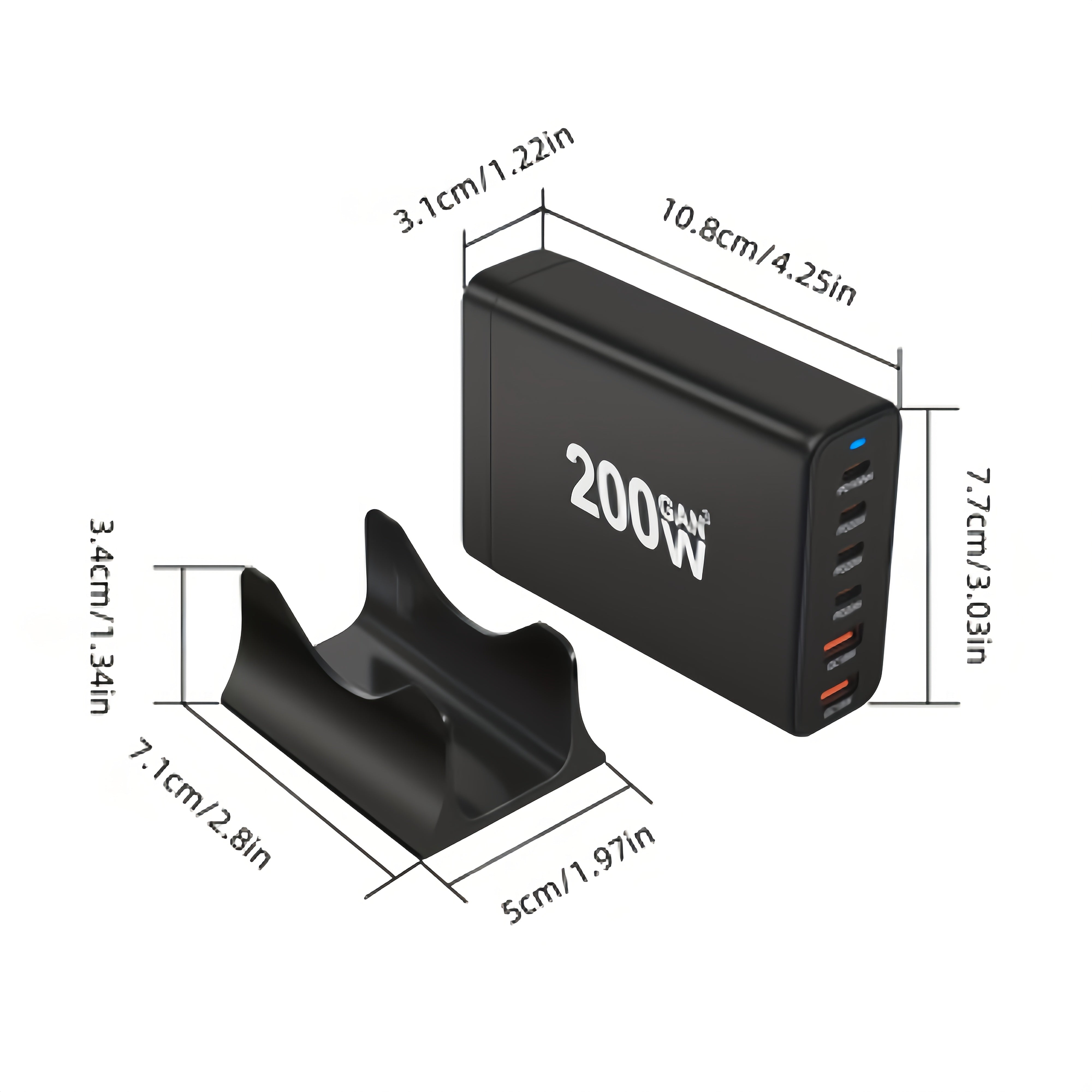 200W GaN USB Charger 6-Port Fast Charging Wall Adapter Black