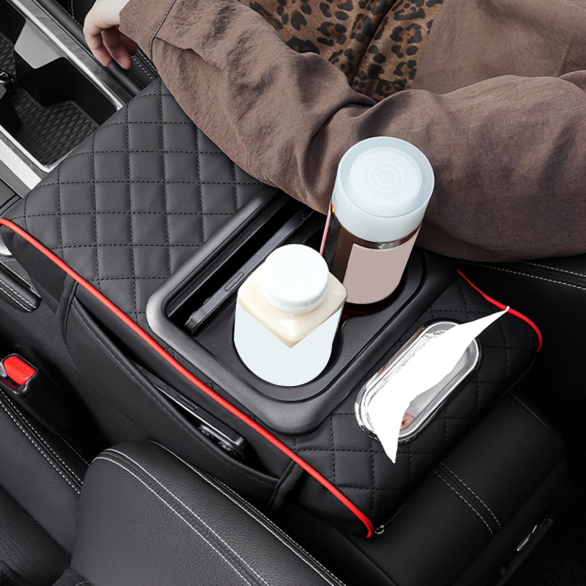 Car Armrest Cushion Center Console Protector With Tissue Box and Cup Holder Storage