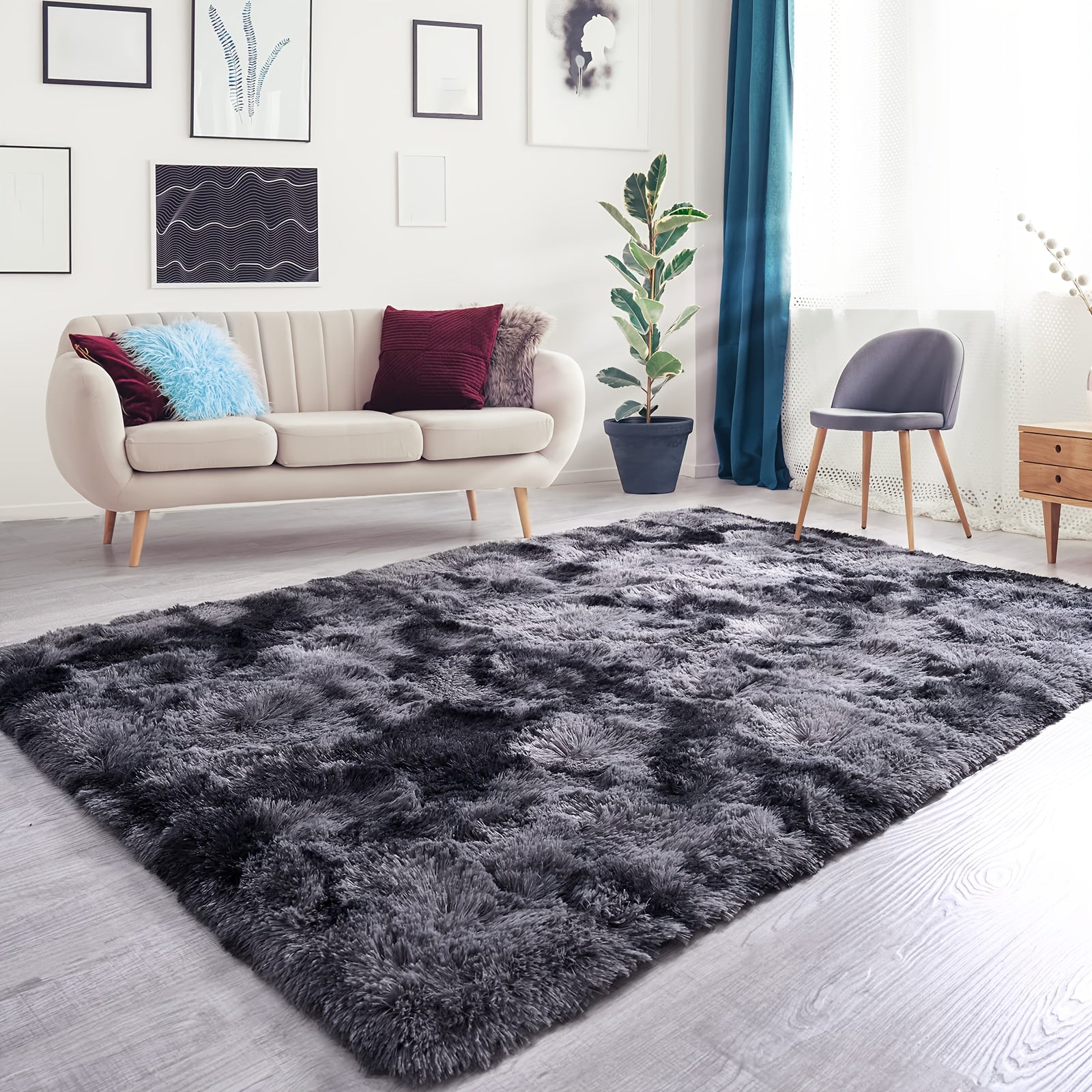 Soft Black Tie-Dye Area Rug for Living Room and Bedroom Non-Slip Stain-Resistant