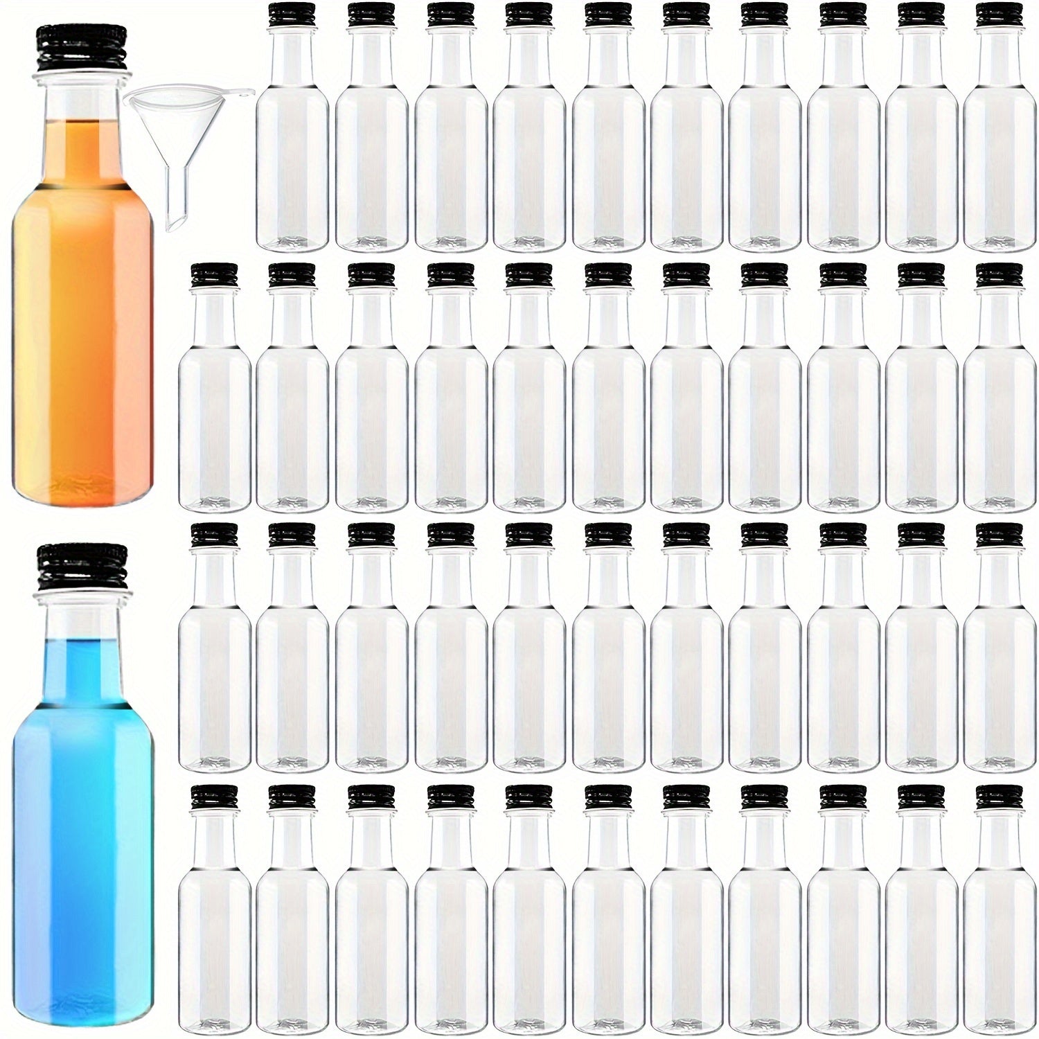 Pack de 30/50 botellas de plástico transparente en miniatura de 50 ml con tapas negras y embudos