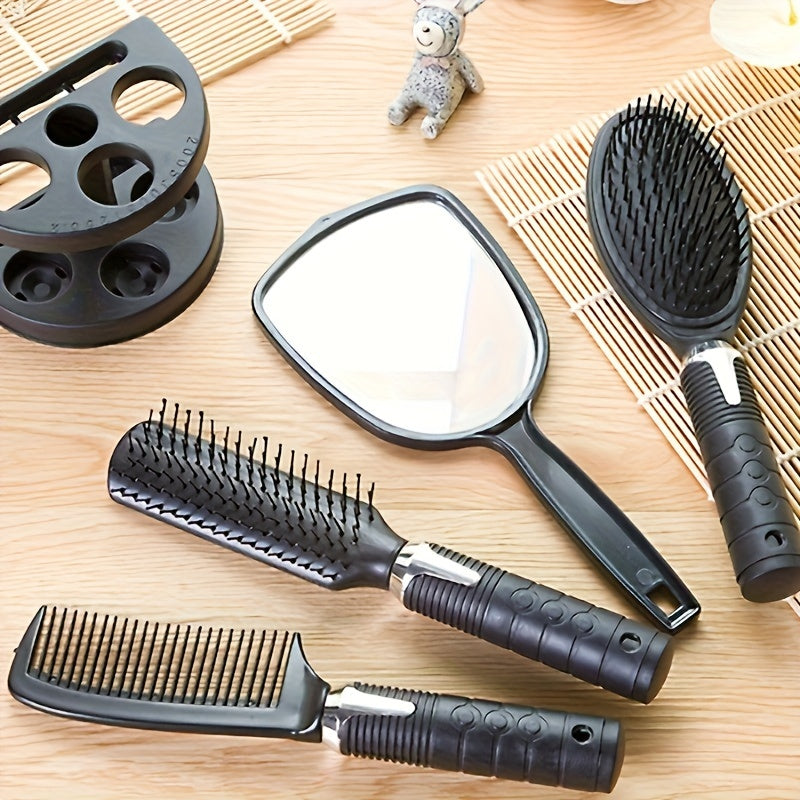 Professional salon soch uslubi to'plami barcha soch turlari uchun 4 ta hidsiz cho'tka, ko'zgu, ushlagich va qora soch cho'tkasi bilan birga.