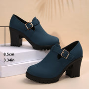 Women's Black Chunky Heel Pumps with Buckle Strap and Rubber Sole