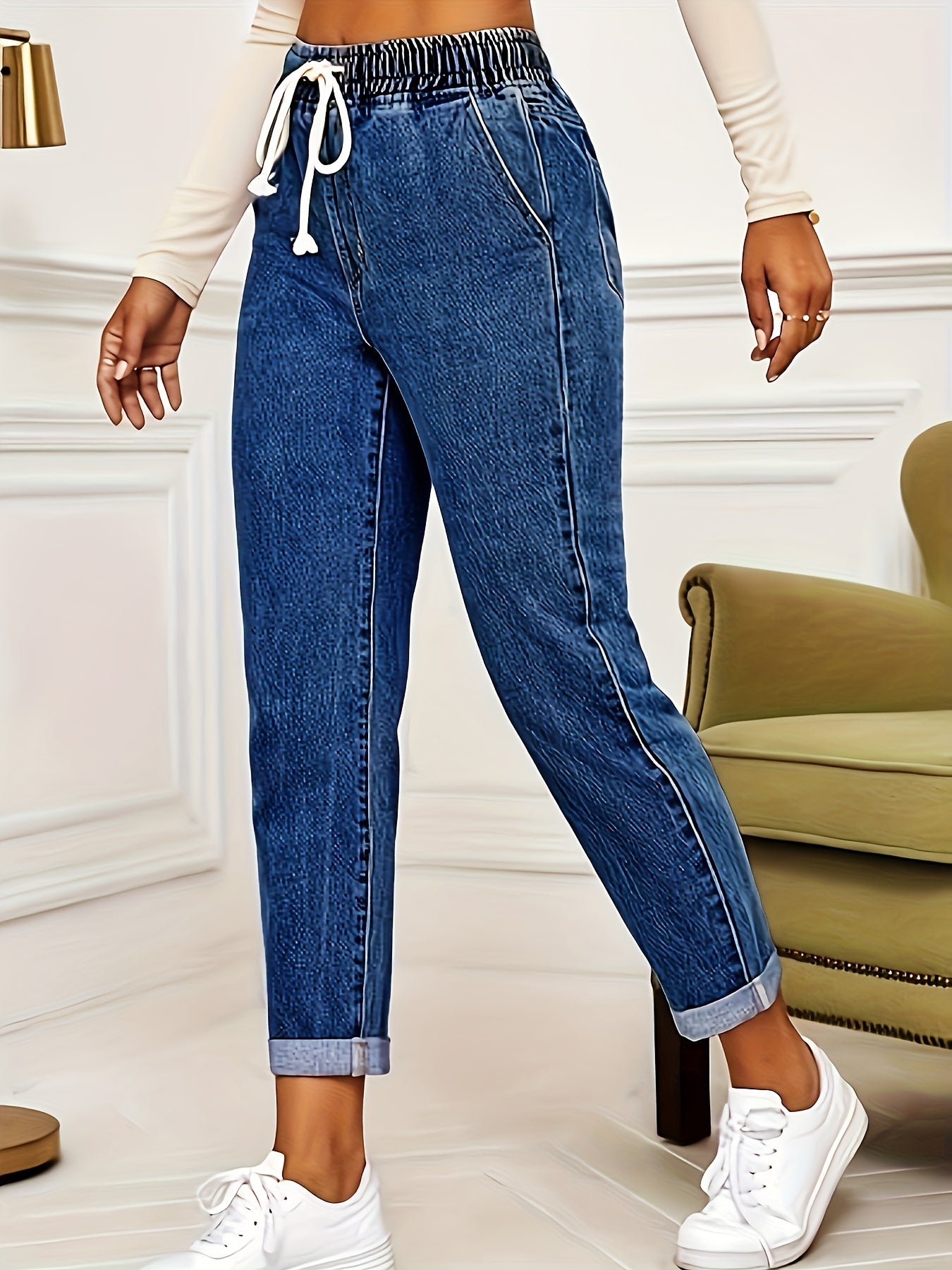 Women's High-Waisted Jeans Light Blue Stretchy Denim Casual Pants