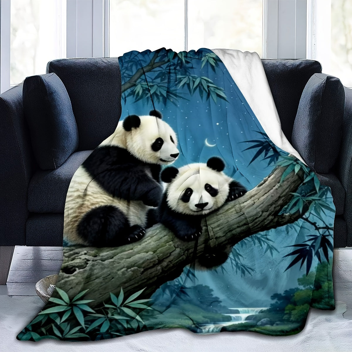All-Season Flannel Throw Blanket with Panda Moonlight Scene Soft Cozy Polyester Gift for Bed Sofa Living Room