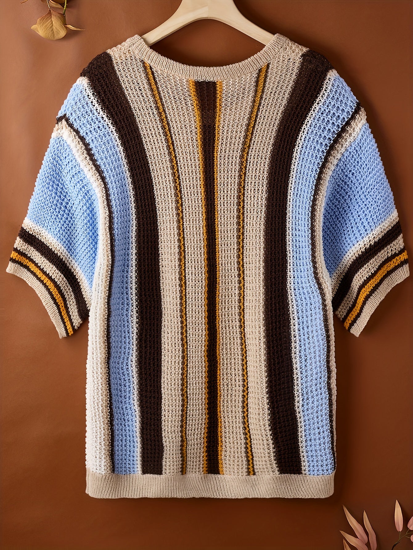 Мужской повседневный вязаный свитер с коротким рукавом, круглый вырез, микропружинный эластичный рубчик, полосатый стиль для пляжного отдыха