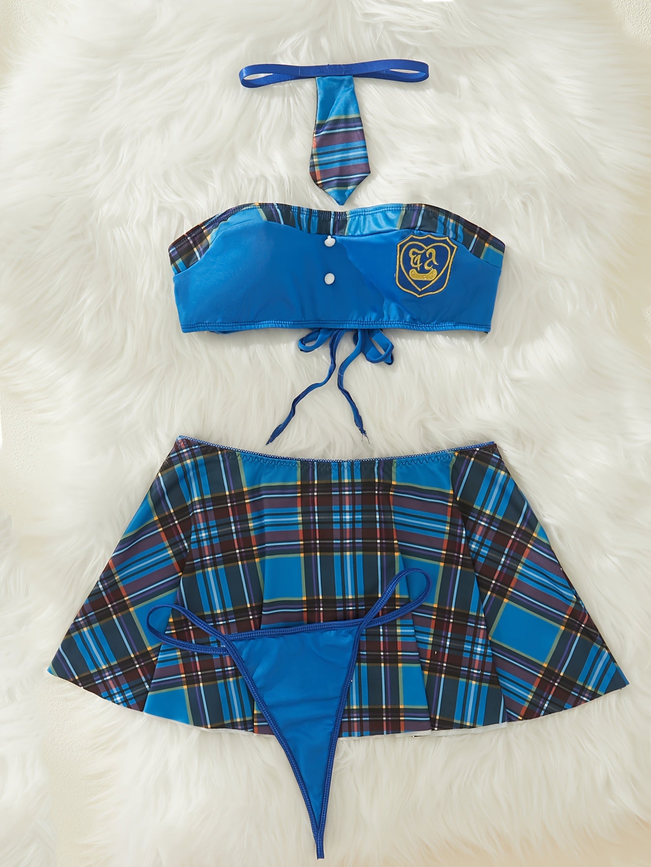 Women's Autumn Winter Role Play Lingerie Set with Plaid Skirt and Neck Tie