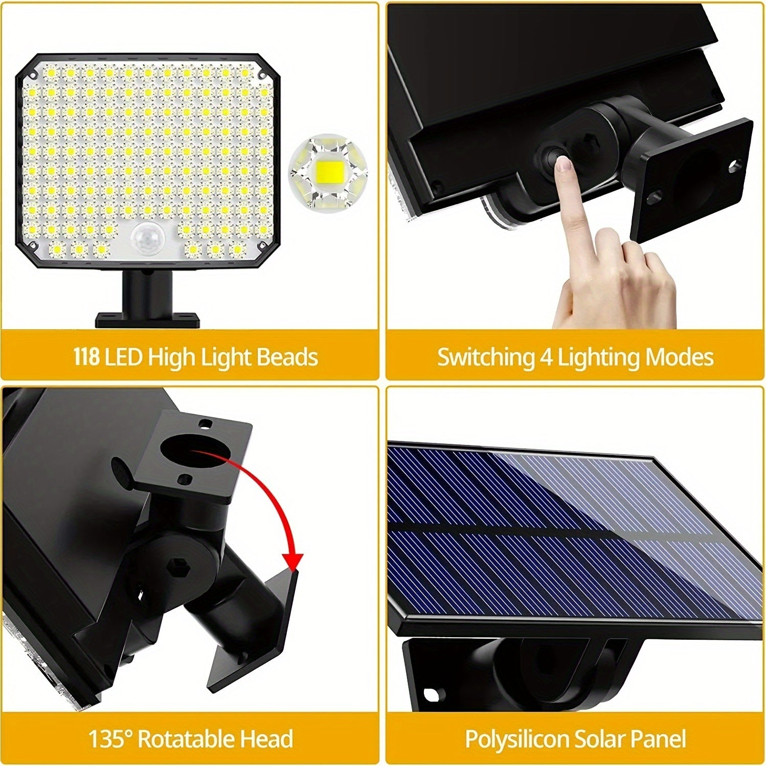 Solar Powered LED Light with Motion Sensor 118 LEDs 4 Modes Rotatable Head All-Season