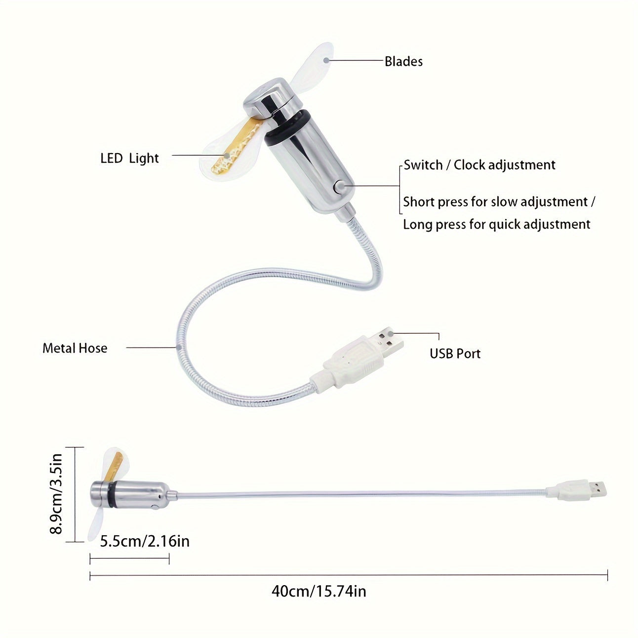 Portable USB LED Clock Fan with Metal Hose and Soft Blades for Desktop and Laptop Cooling