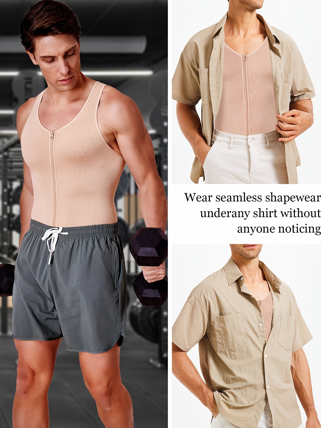 Body de control abdominal beige para hombre con cremallera, ajuste delgado, soporte de compresión