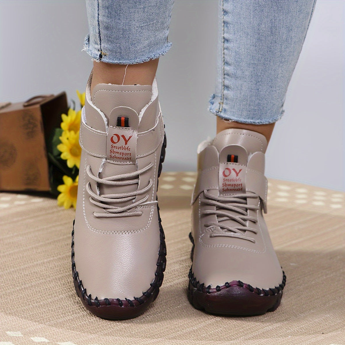 Women's Winter Faux Leather Ankle Boots with Plush Lining and Rubber Sole