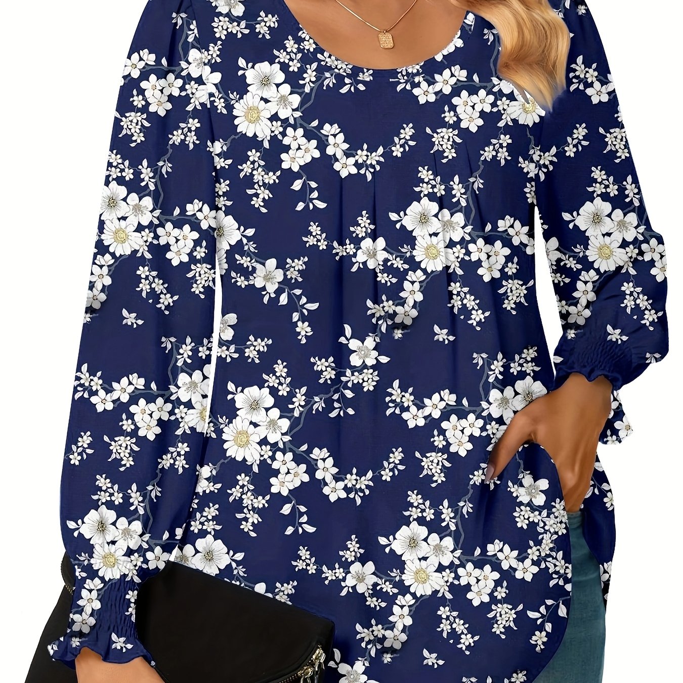 Plus Size Floral Print Blouse Women's Casual Long Sleeve Shirt Machine Washable