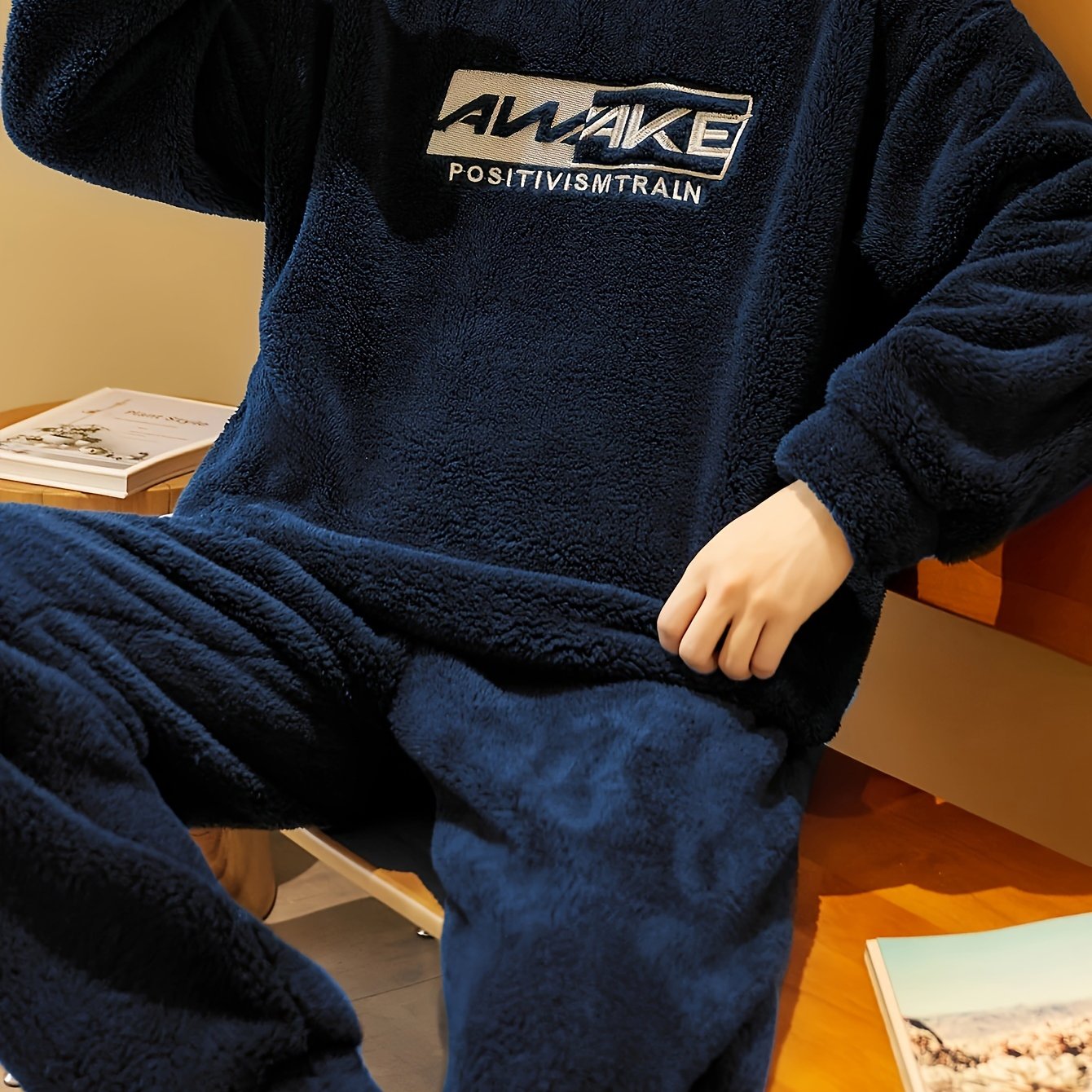 Men's Coral Velvet Pajama Set for Winter with Embroidered Alphabet Pattern