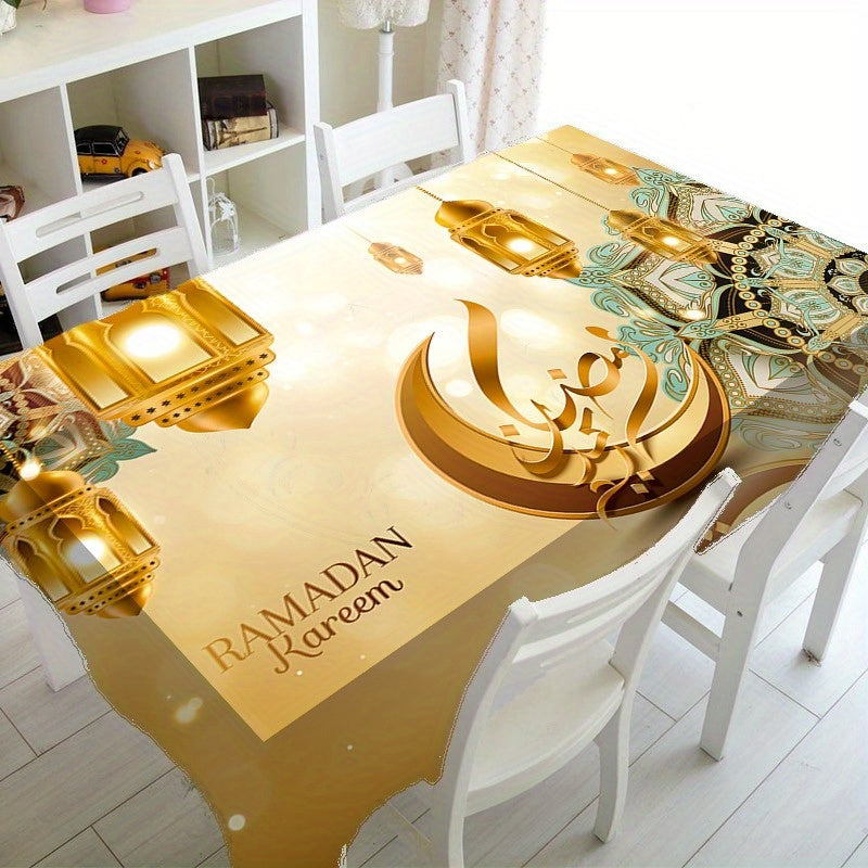 Ramadan Kareem Tablecloth with Golden Moon Mandala Pattern Polyester for Eid Al-Fitr Festive Decor