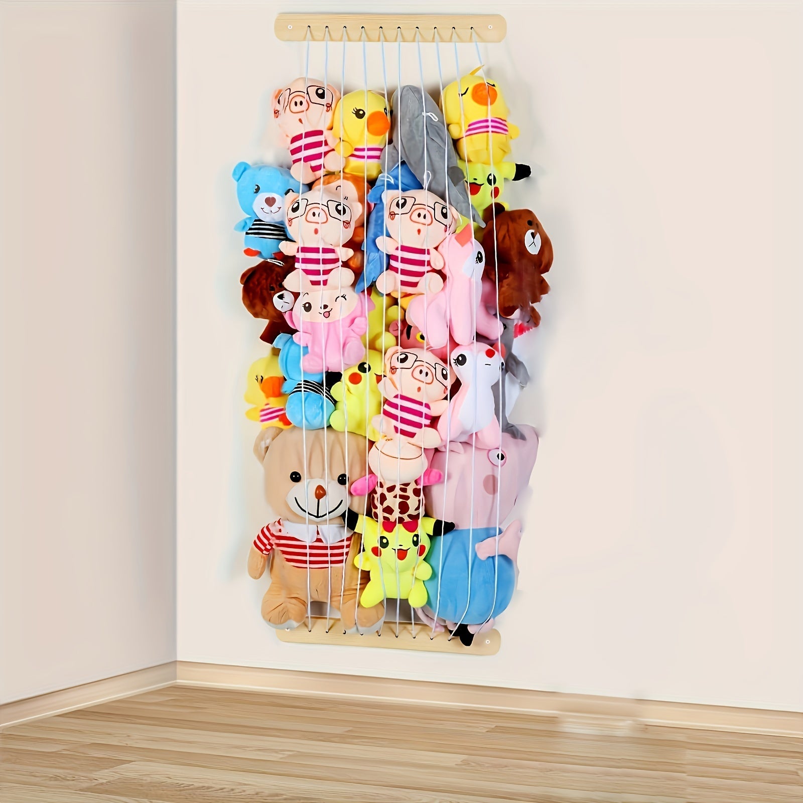 Wooden Wall-Mounted Toy Organizer Plush Animal Hammock Nursery Storage Net
