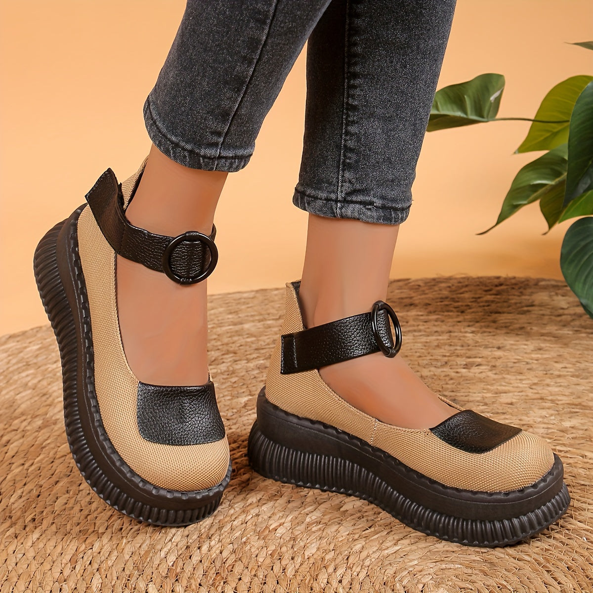 Women's Retro Thick Sole Wedge Shoes Beige Black Summer Casual Ankle Strap
