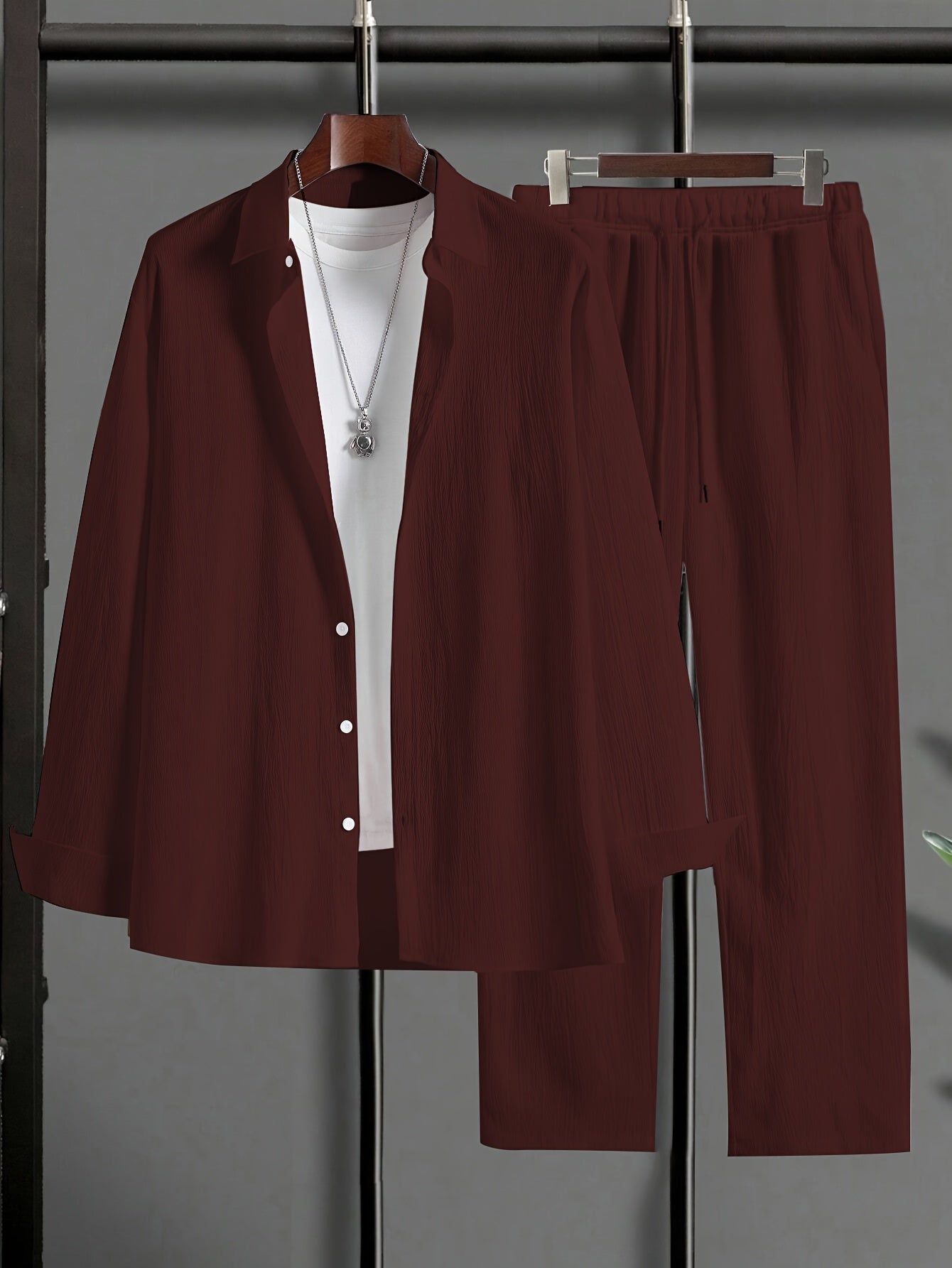 Men's Plus Size Casual Suit Set Polyester Lapel Shirt Solid Woven Bottoms Regular Fit