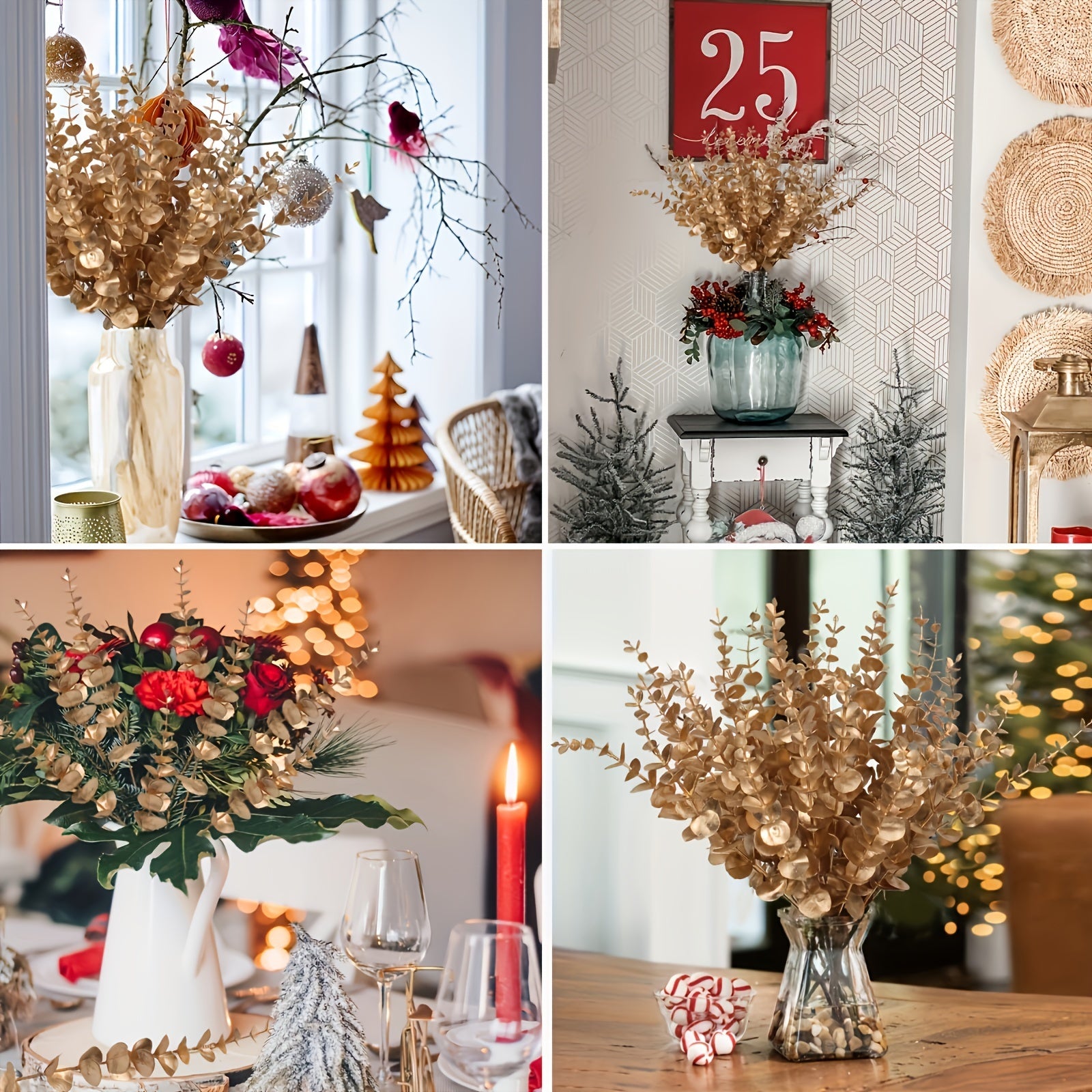 10 Lifelike Golden Eucalyptus Stems Artificial Plants for Indoor Outdoor Decor