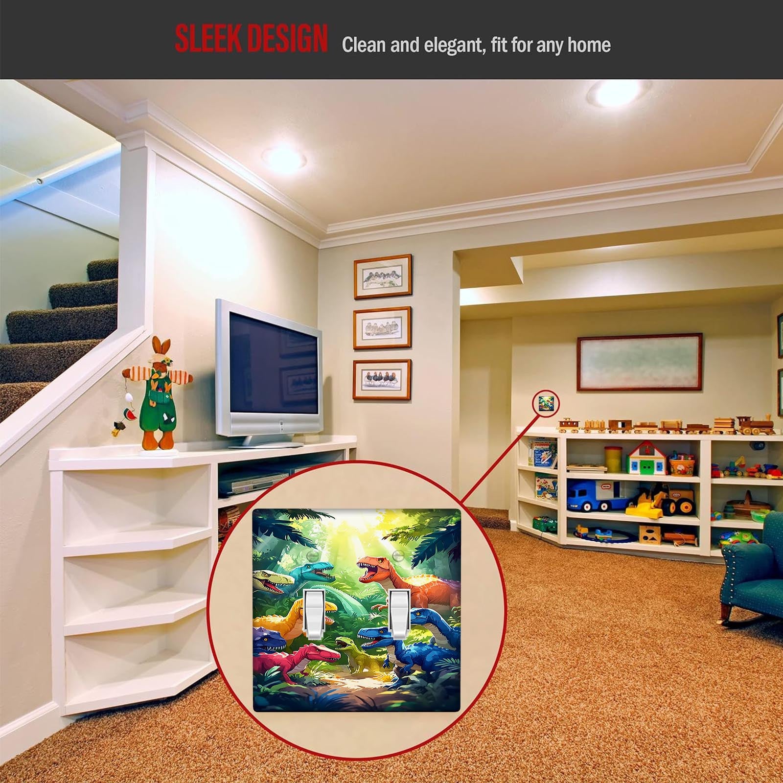 Batareyasiz oson o'rnatish uchun sevimli dinazor naqshli yoritgich. Uy yoritgichi va shift fanlari uchun ideal.