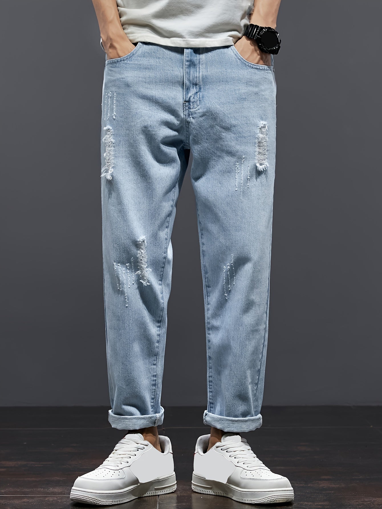 Yoz 2024 Erkaklar uchun Distressed Denim Jeans: To'g'ri oyoq, keng kesim, cho'ziladigan bel, zamonaviy kesilgan tasodifiy shimlar, yirtilgan tafsilotlar bilan, mashinada yuvish mumkin.
