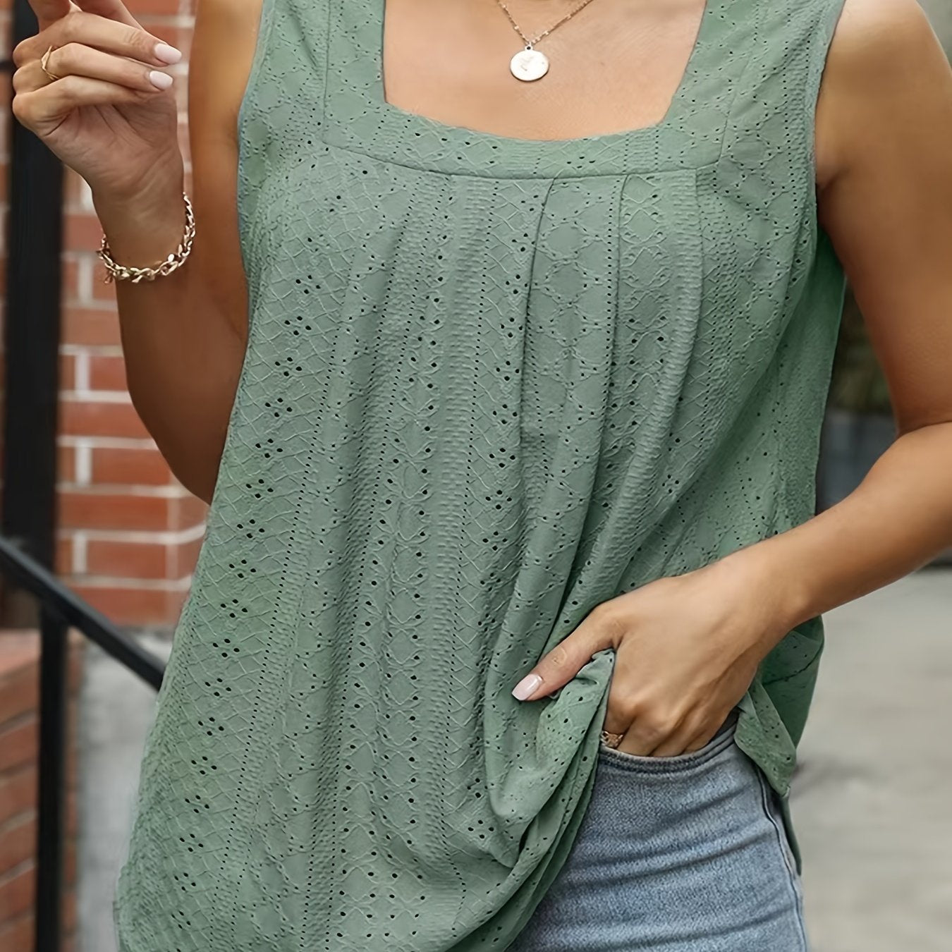 Топ без рукавов для женщин больших размеров с квадратным вырезом, дышащий, кружевной, оливково-зеленый
