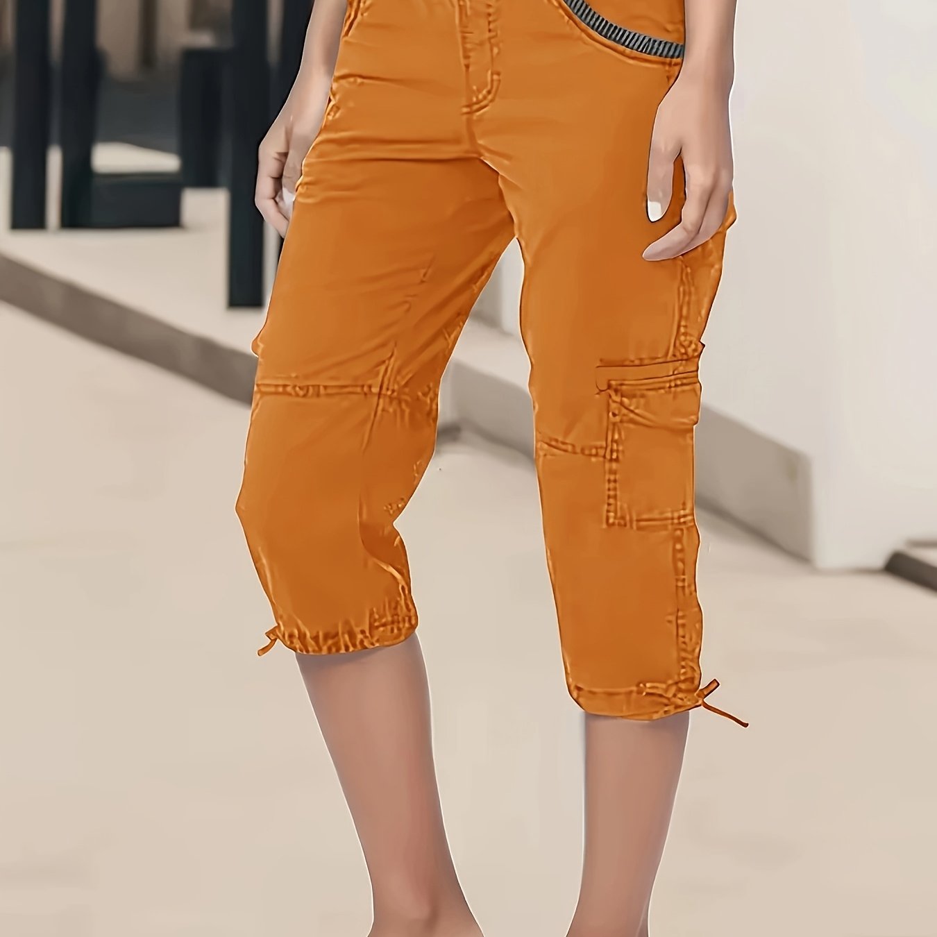 Plus Size Ladies Cropped Pants Solid Polyester Non-Stretch Premium Texture