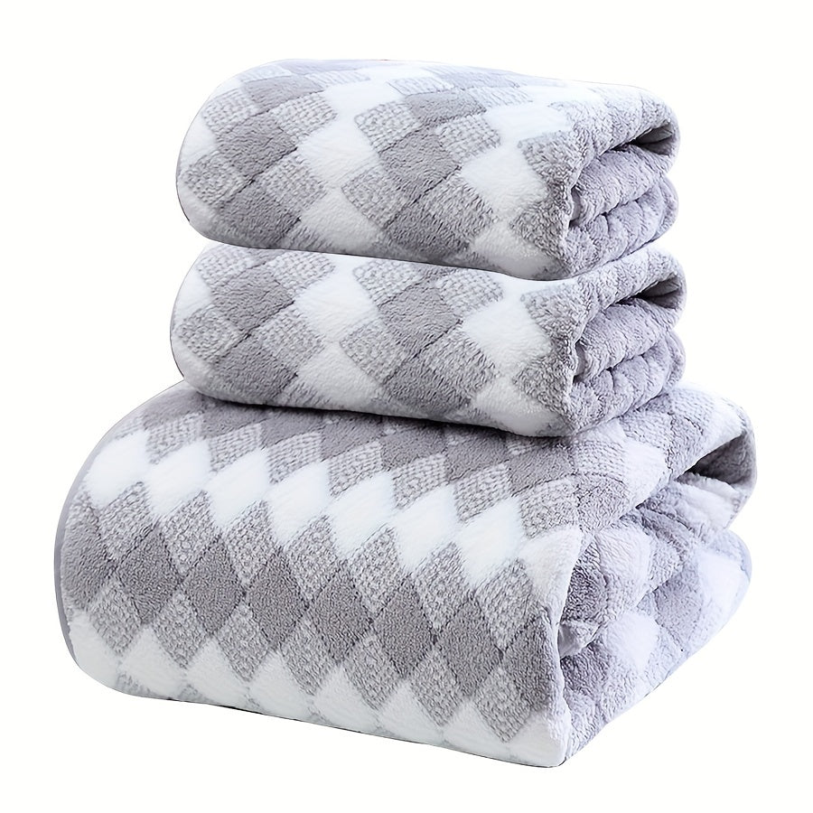 Plaid Pattern Towel Set Coral Velvet 2 Bath Towels 1 Hand Towel Absorbent