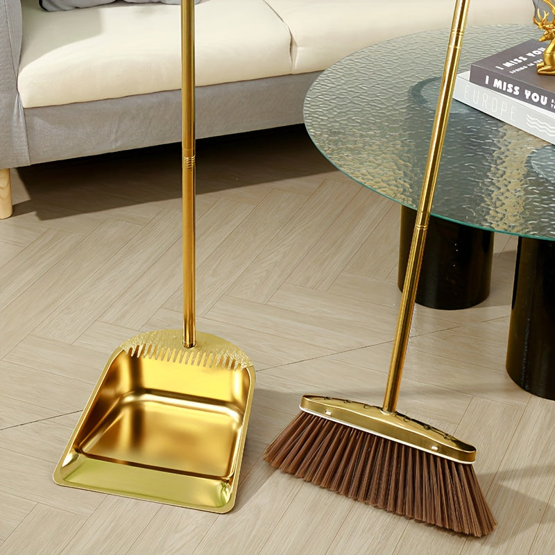 Stainless Steel Broom and Dustpan Set with Serrated Edge Long Handle Indoor Outdoor Cleaning