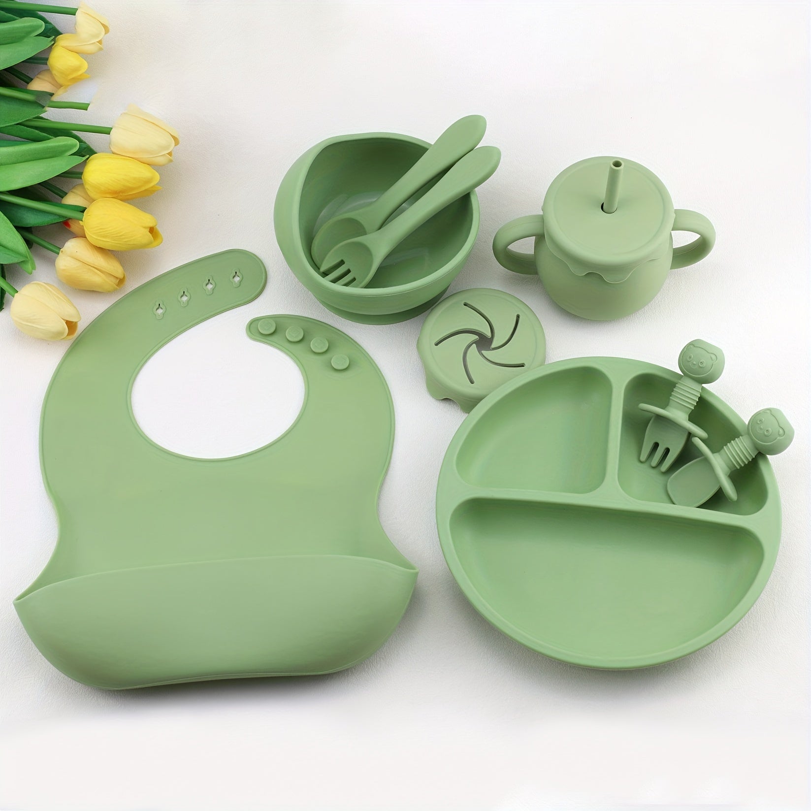 9-Piece Silicone Baby Tableware Set with Bib Plate Bowl Cup Spoon Fork