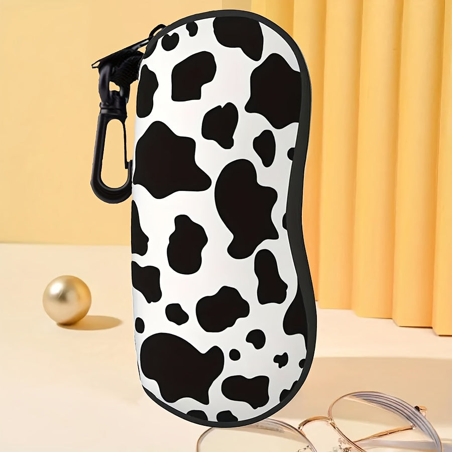 Cow Print and Green Neoprene Glasses Case Water-Resistant Durable with Zipper and Clip
