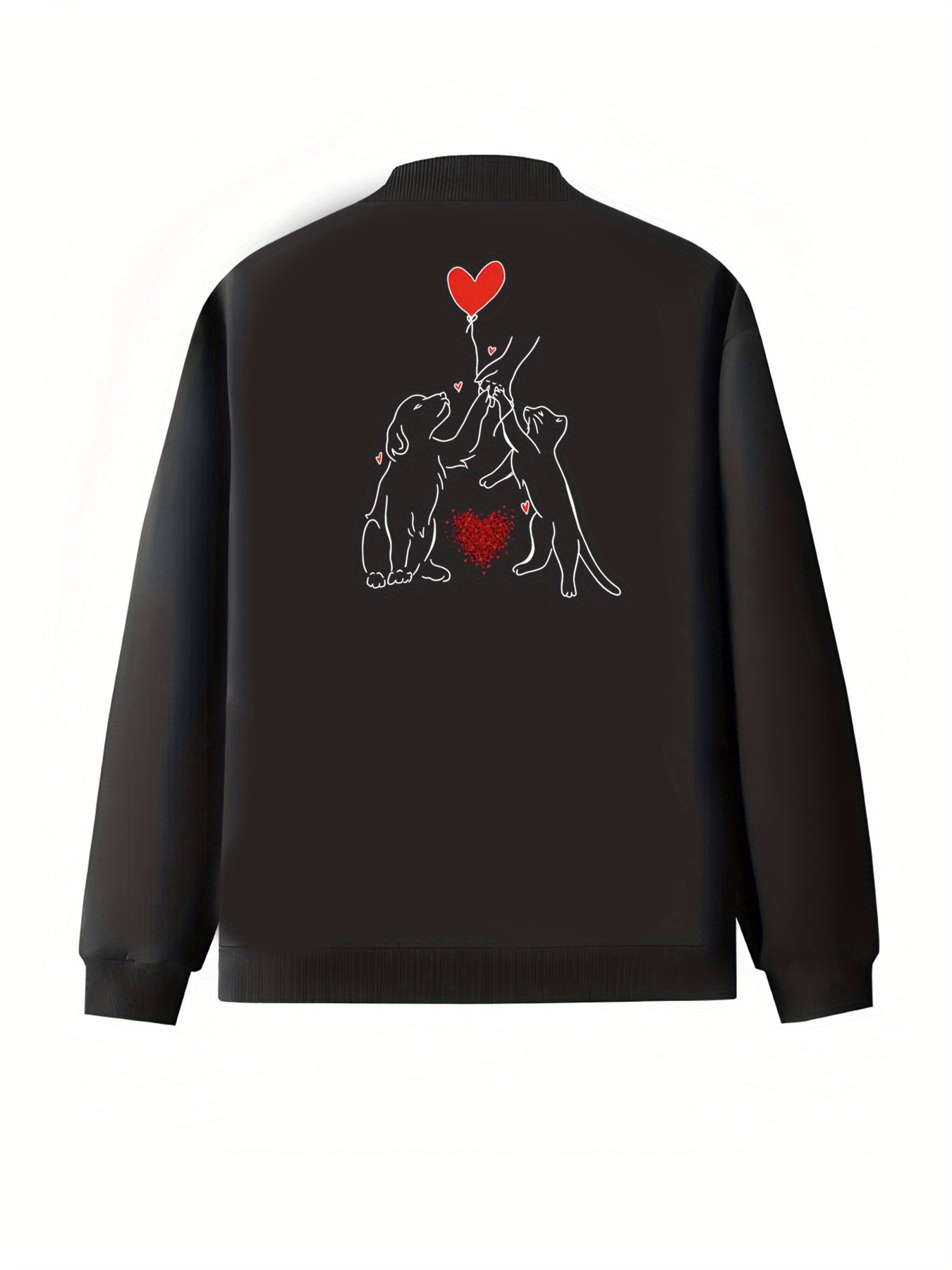 Plus Size Women's Casual Jacket Black Cartoon Dog Heart Print Zip Up Long Sleeve