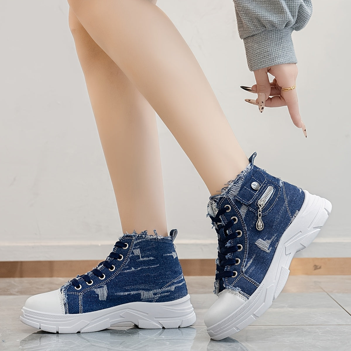 Women's Casual High-Top Sneakers with Thick PVC Sole and Breathable Denim