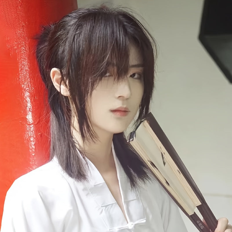 Долговечный и стильный парик для мужчин в стиле аниме, вдохновленный боевыми искусствами - Фанковый черный волокнистый волос, прямые волосы для косплея.