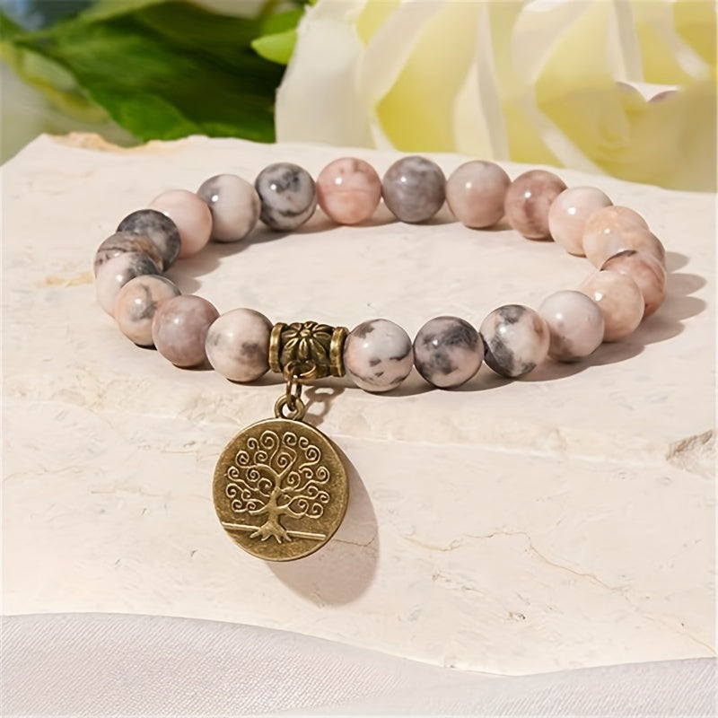 Set of 2 Pink Zebra Jasper Bead Bracelets for Women with Tree of Life and Leaf Charms