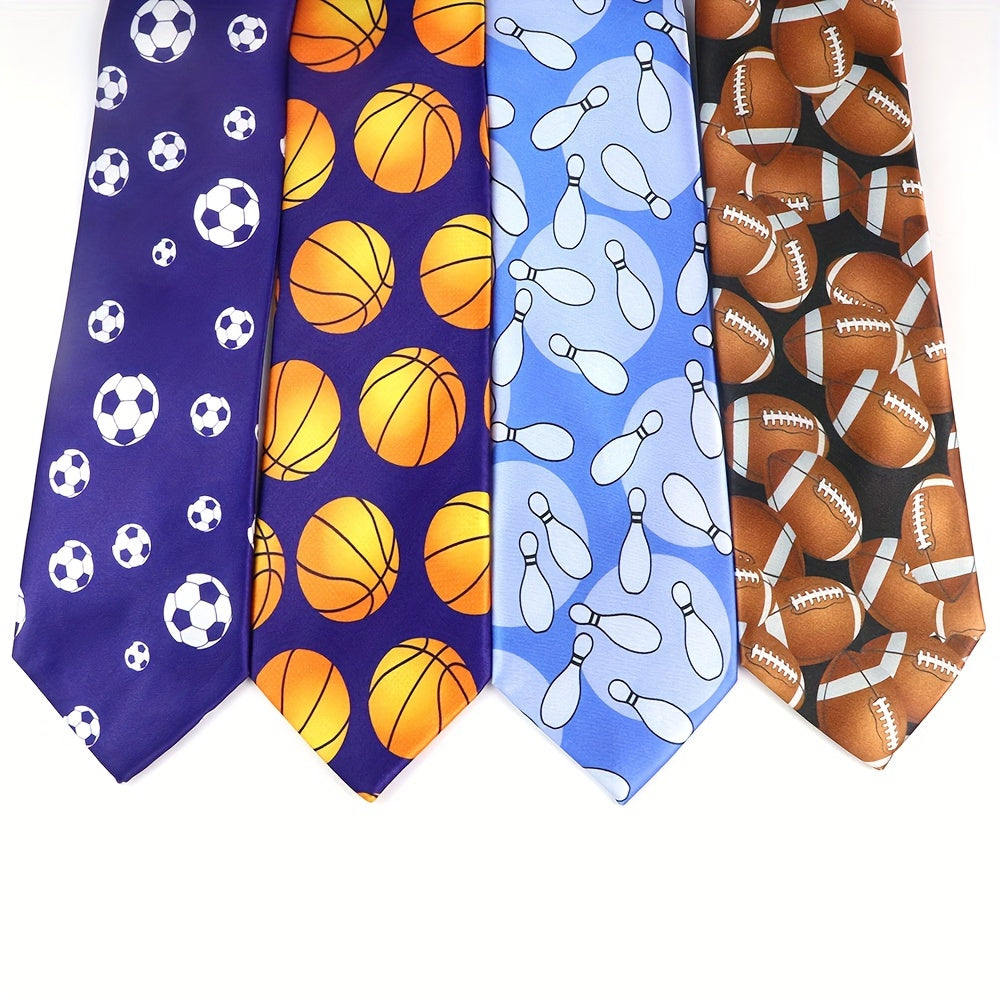 Silk-Like Printed Tie with Airplanes Planets Symbols Musical Notes Footballs for School Work Party