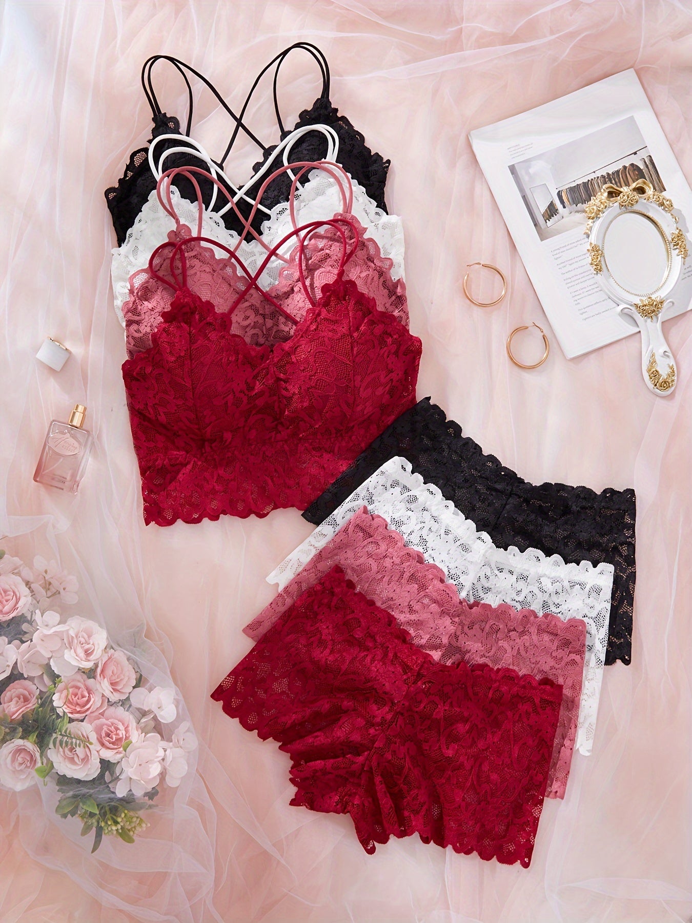 Women’s Lace Lingerie Set 4-Pack Solid Color Bralette and Boyshorts Knit Fabric