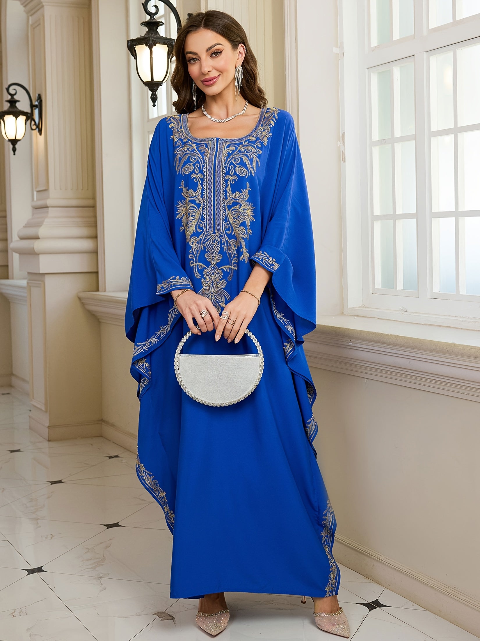 Women's Embroidered Viscose Kaftan Long Sleeve Loose-Fitting Beachwear