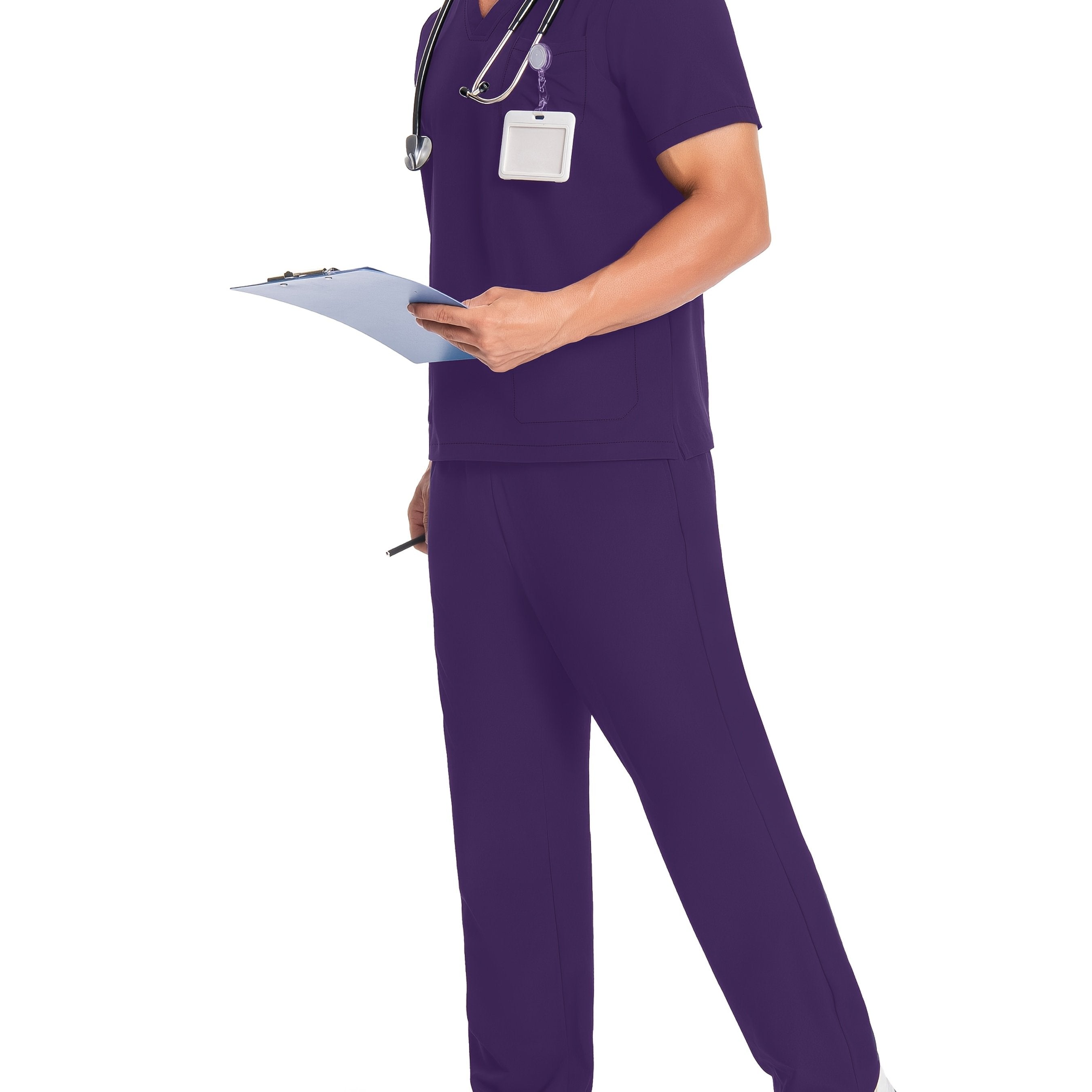 Men's Breathable Polyester Workwear Set V-Neck Top and Pants with Pockets for Pet Grooming and Lab Coats