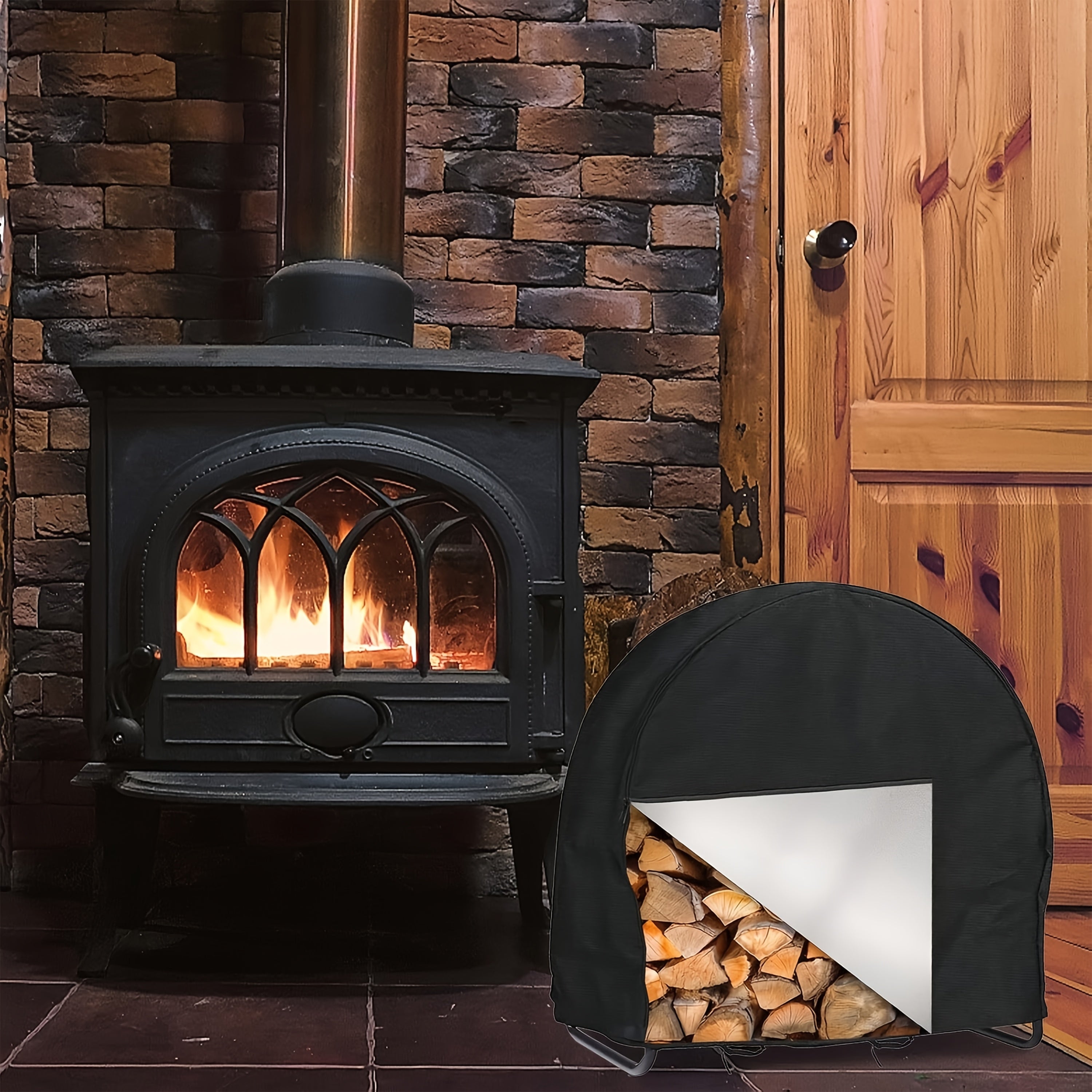 Waterproof Outdoor Log Rack Cover with Zipper and Wind Buckle for Firewood Storage