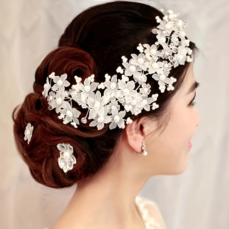 White Faux Pearl Floral Hair Vine for Brides Wedding Headband for Women