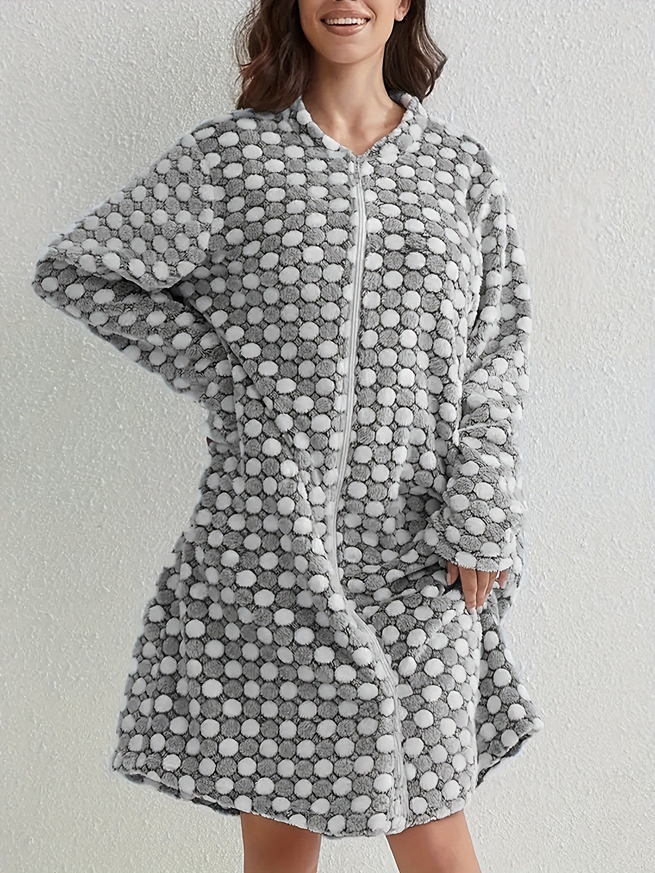Women's Flannel Sleep Robe with Zipper Pockets Long Sleeve Checkered