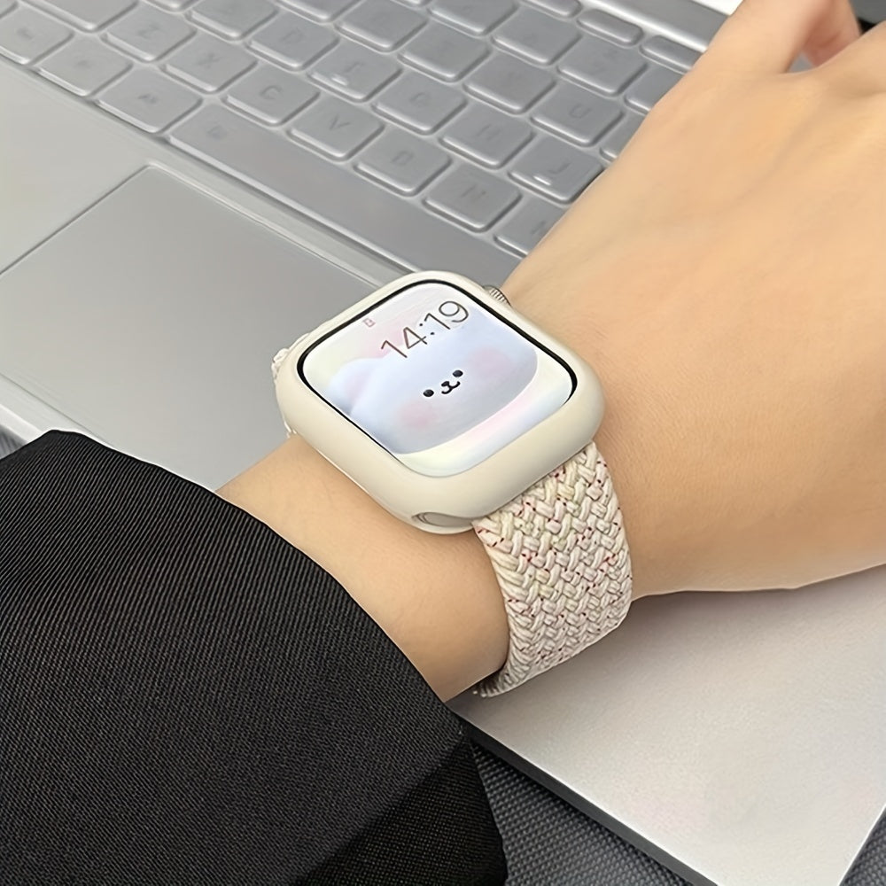 Adjustable Polyamide Watch Band Set with Breathable Elastic Woven Straps and Silicone Case for Apple Watch 38-49mm