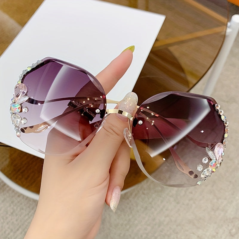 Women's Rimless Sunglasses with Rhinestones, Round Gradient Lens for Summer Beach Travel