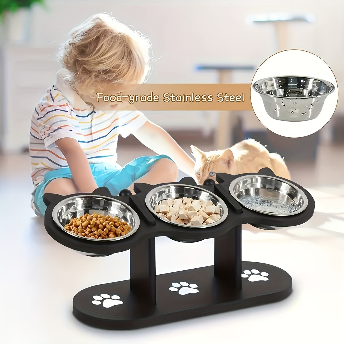 Adjustable Elevated Cat and Small Pet Food Bowl with Stainless Steel Stands
