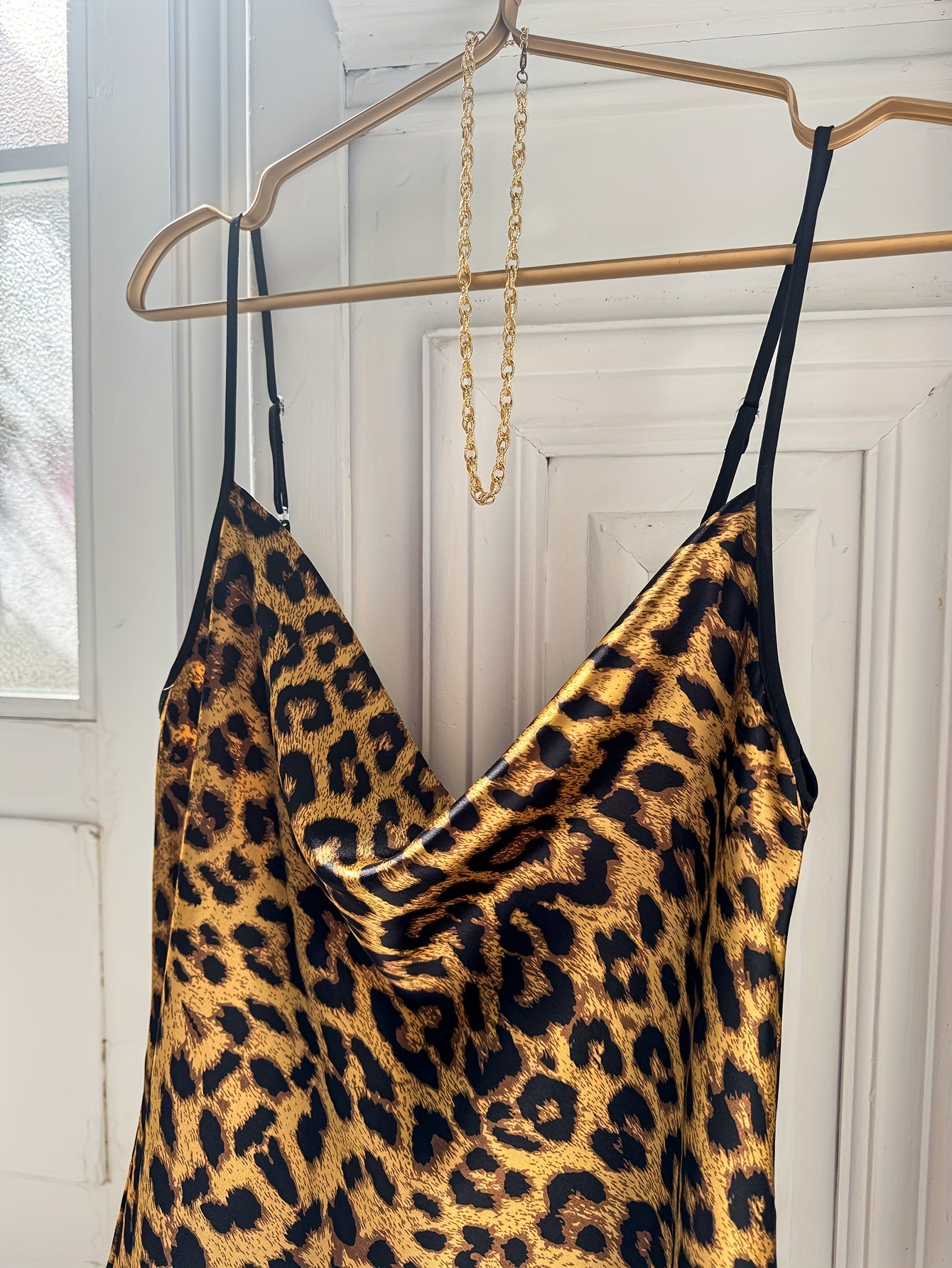 Leopard Print Cowl Neck Nightgown for Women Brown Black Polyester All-Season Sleepwear