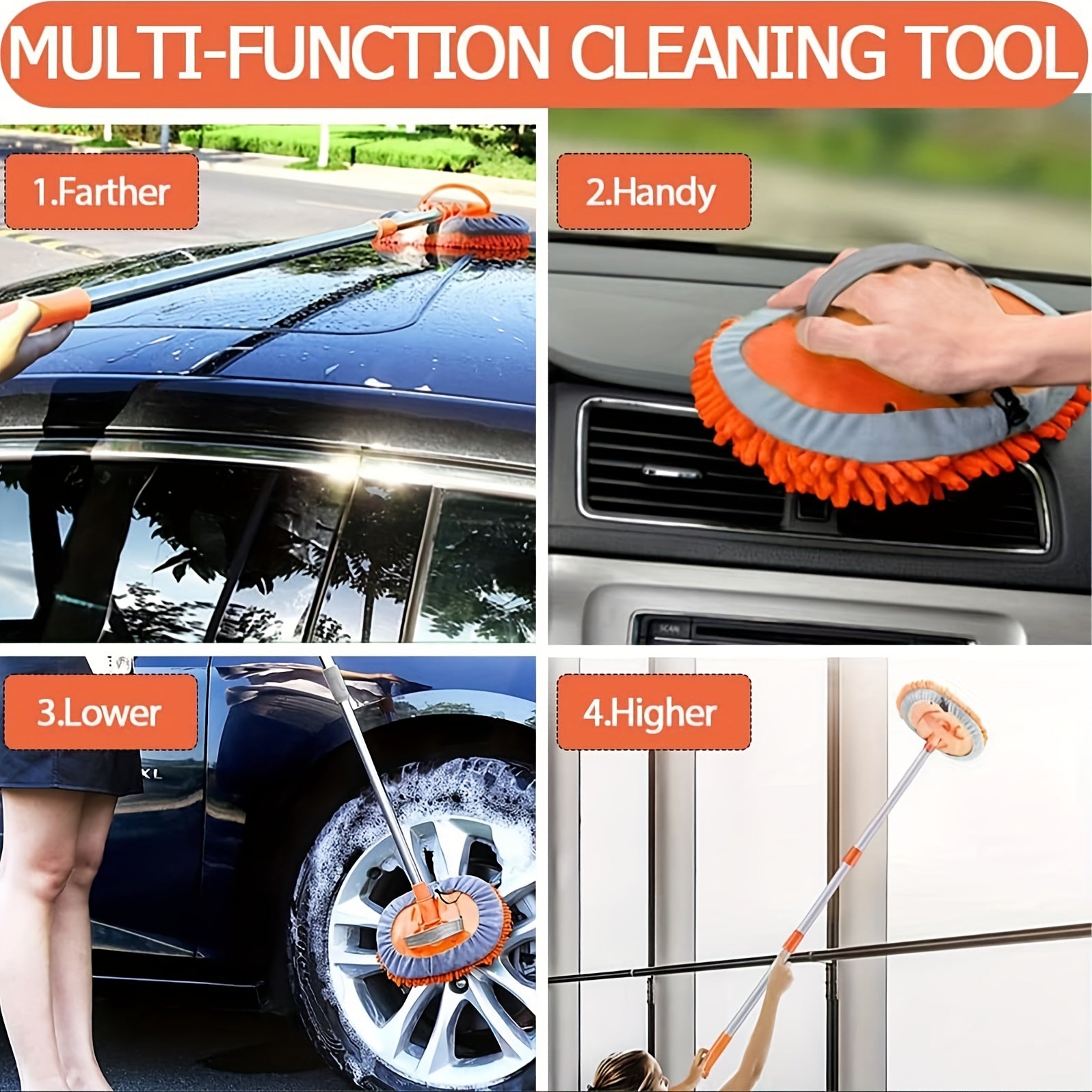 120.65cm Microfiber Car Wash Brush Set Long Handle 2-in-1 for Cars Trucks SUVs Boats