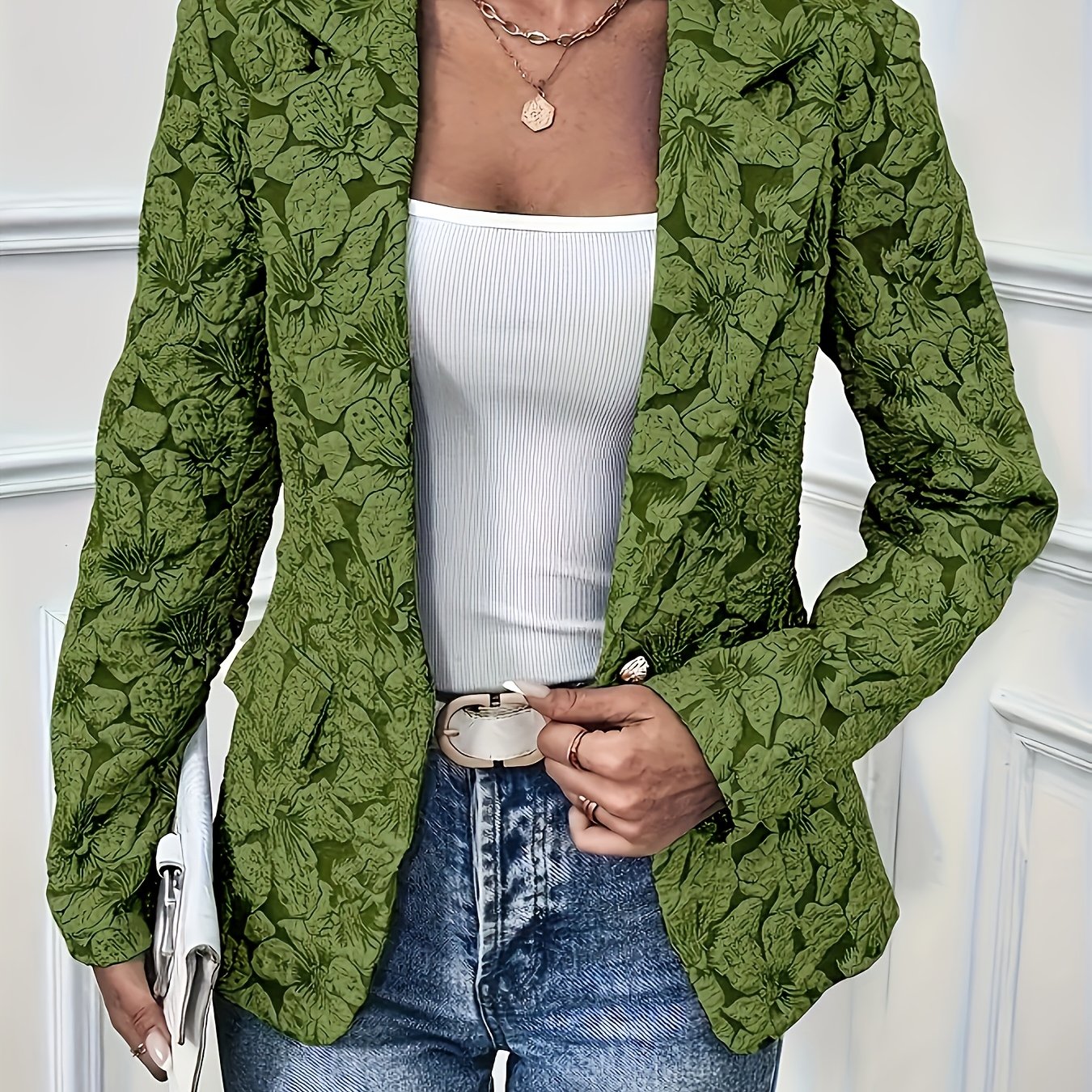 Plus Size Floral Jacquard Women's Blazer Light Blue Long Sleeve Casual Outerwear