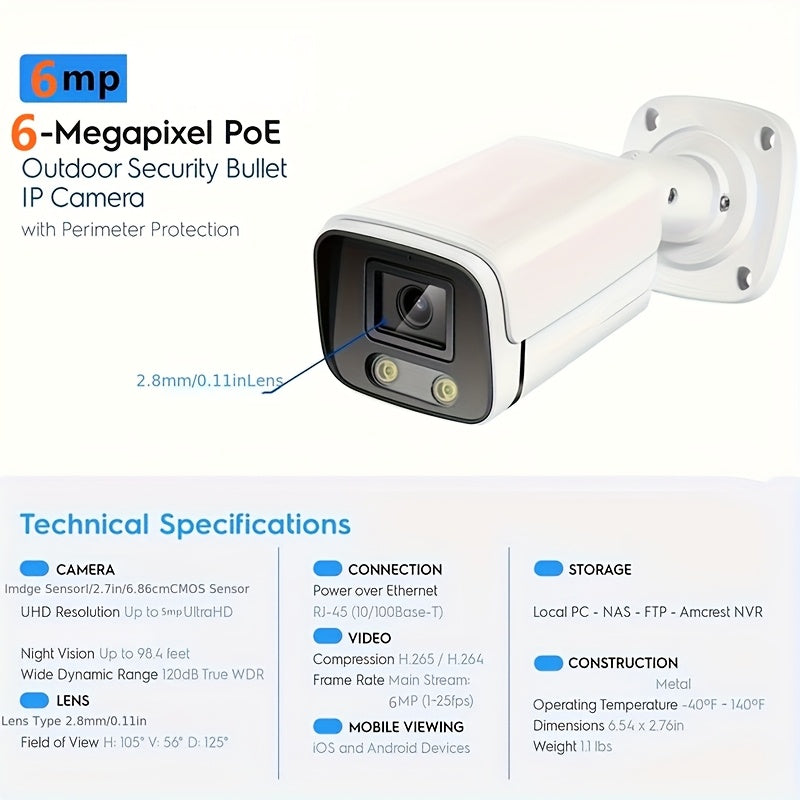 6MP Outdoor POE IP Security Camera Full-Color Night Vision Human Detection Wide-Angle 1440p Surveillance