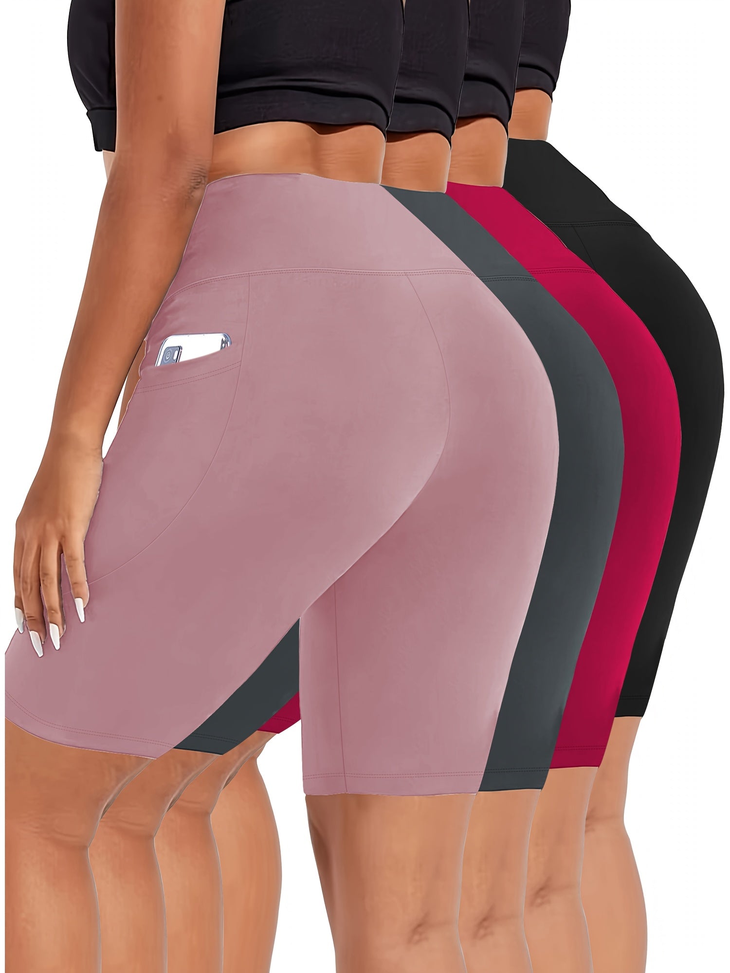 Plus Size Biker Shorts 4-Pack Polyester Knit High-Waisted Pockets Summer